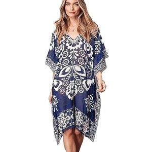 CUPSHE Swim Cover-up Kimono Caftan Tunic Floral Print Blue White Pullover